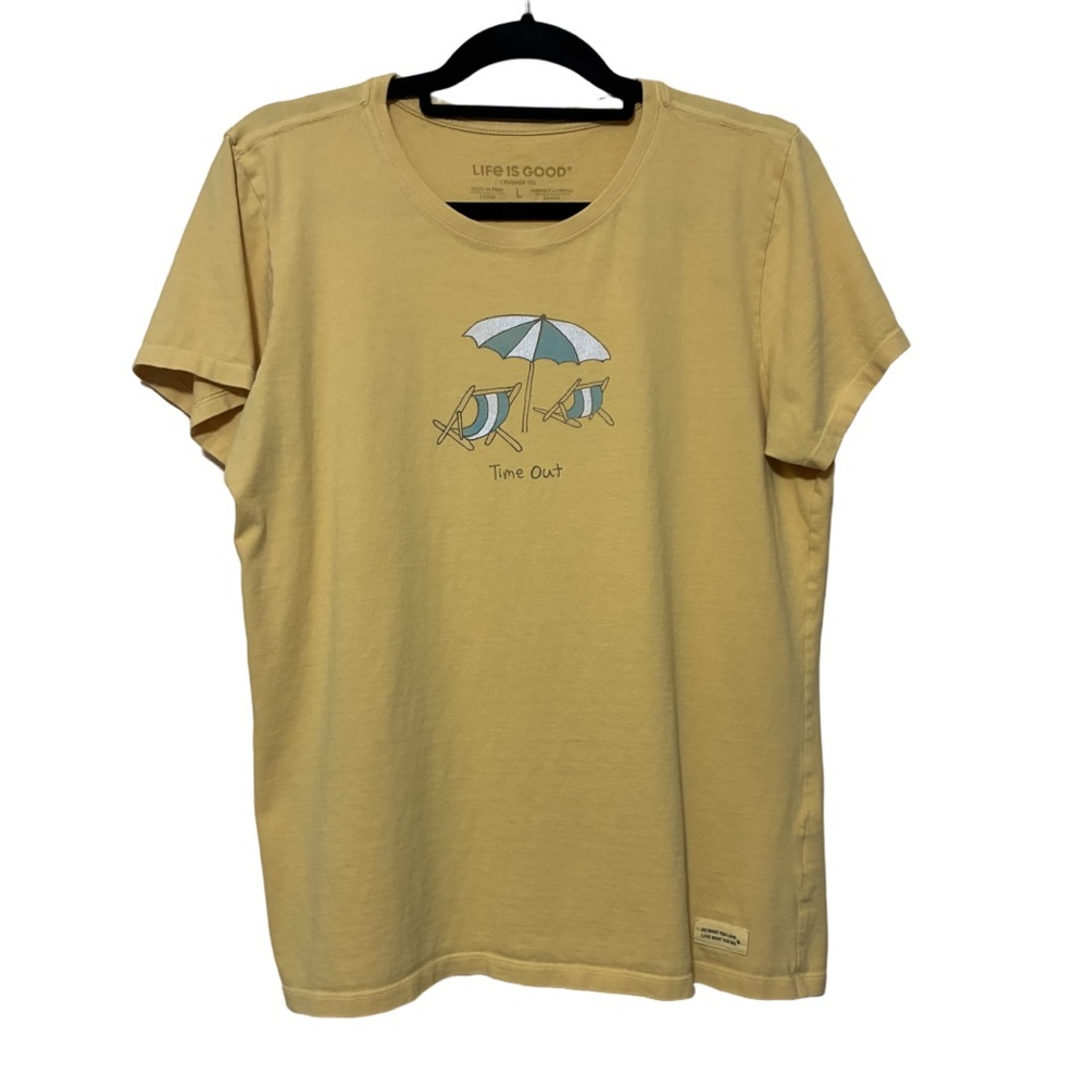 Life Is Good Time Out Crusher Tee Women’s L Yellow Graphic Beach Graphic T-Shirt
